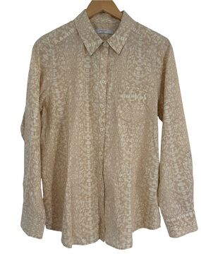 Foxcroft Womens Shirt Button Down Roll Tab Sleeves Beige Non Iron Collared 12